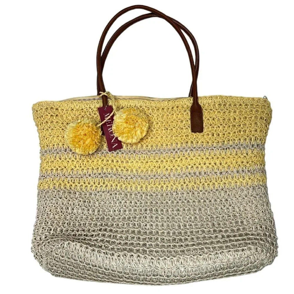 Merona Striped Woven Straw Pom Pom Tote Nag. NWT.
